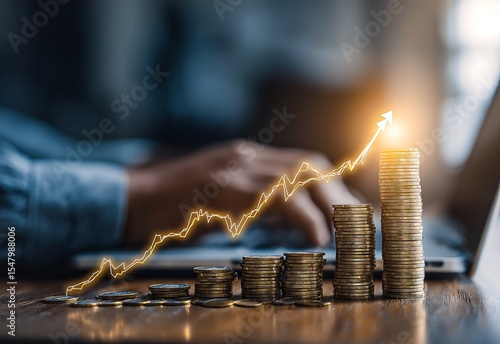 Financial Growth Chart with Rising Coin Stacks and Glowing Arrow, Symbolizing Investment 