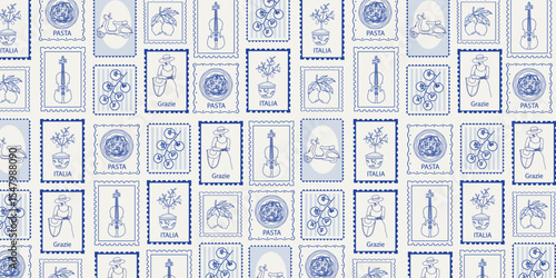 Seamless Mediterranean pattern with Italy vacation doodles in frames. Vintage coastal design for kitchen textiles, packaging, and beach decor.	