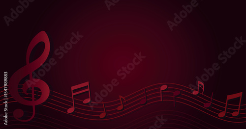Musical background with notes and a treble clef. A deep red luxurious backdrop perfect for musical themes, invitations, certificates, karaoke, contests, flyers, banners.