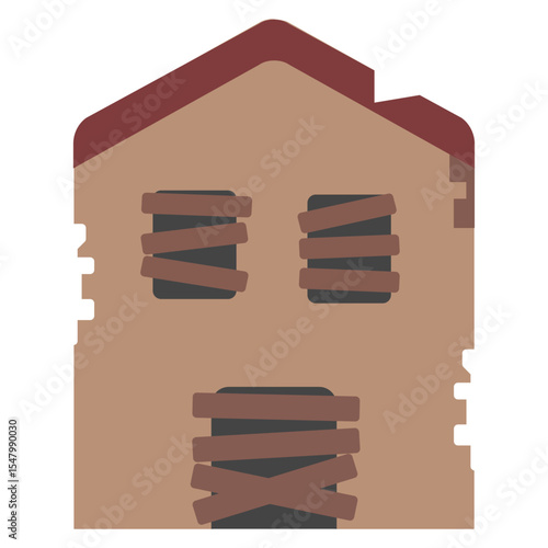 Cartoon-style of a boarded-up house, isolated on white background