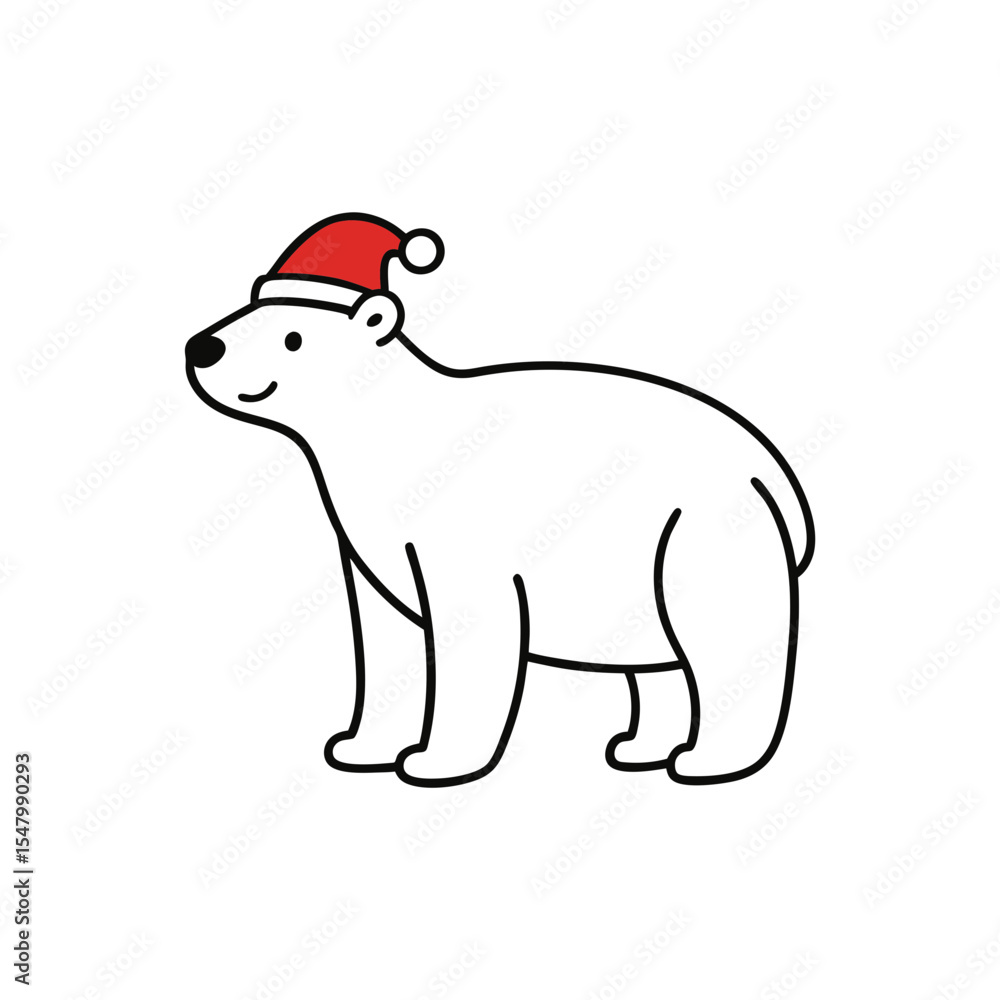 Fototapeta premium Polar Bear in Santa hat line art illustration.
