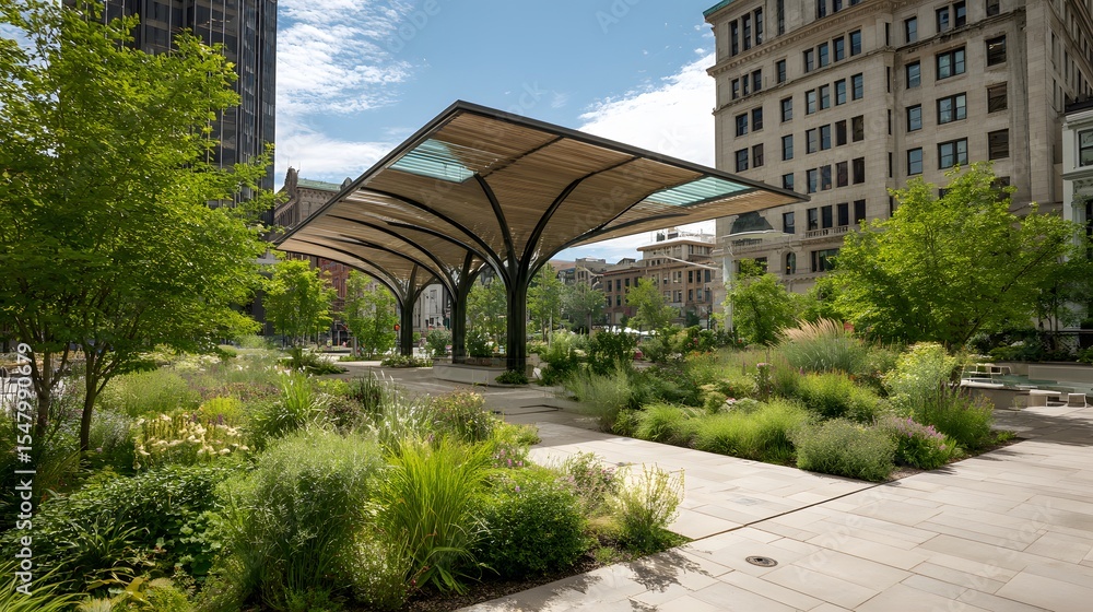 Fototapeta premium Public square with shade canopy and native plants