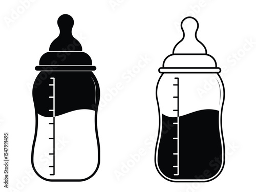 Baby milk bottle icon vector with milk. Silhouette of baby milk bottle symbol and sign. Baby feeding bottle icon vector illustration.