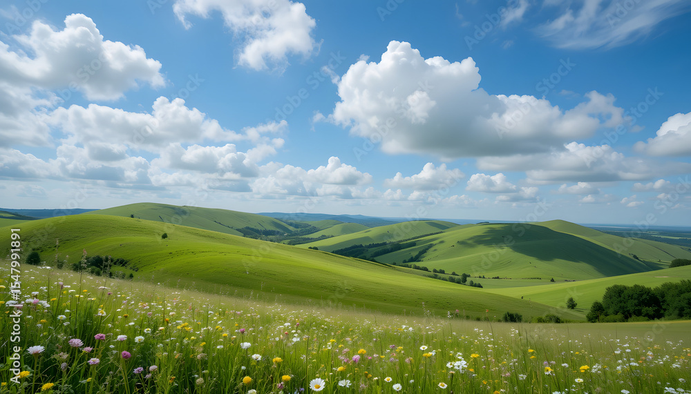 Fototapeta premium Rolling Green Hills with Wildflowers Under Blue Sky