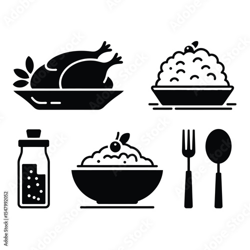Cranberry sauce mashed potato and stuffing icon set in black and white vector