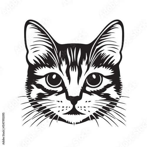 American shorthair cat face portrait, black outline clipart style illustration, transparent background vector