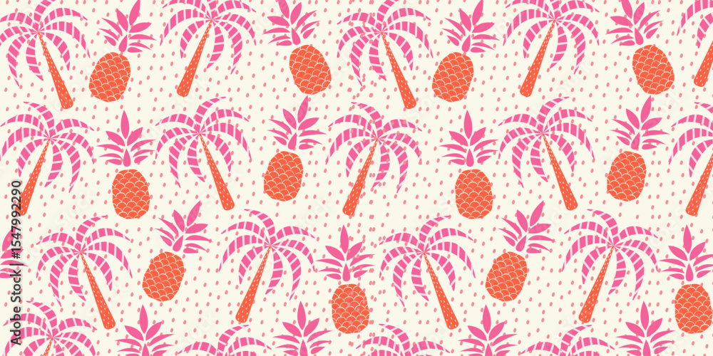 Fototapeta premium Hand drawn tropical palm tree and pineapple seamless pattern. Summer tropical print. Vector hand drawn illustration for fabric, wrapping paper, prints, artworks.