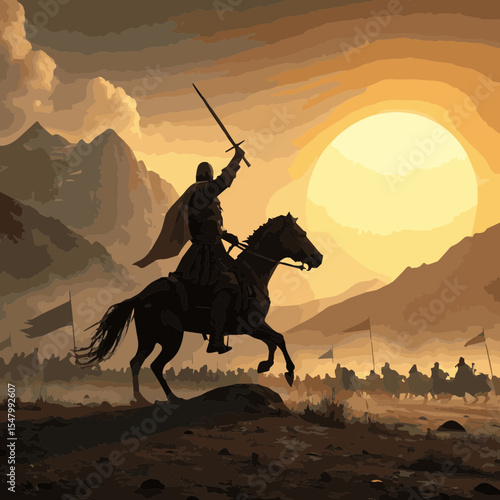 High-contrast illustration of a medieval battle scene with a central figure on horseback, wielding a sword and charging forward