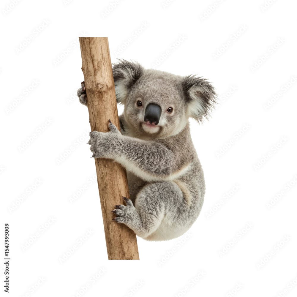 Naklejka premium Adorable Koala Bear Cub Climbing a Tree Trunk on White Background