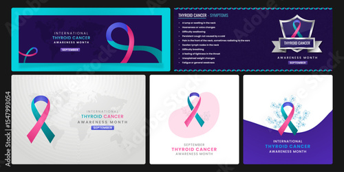 Thyroid Cancer awareness Set banner with original month, Set of five designs with original color ribbon.