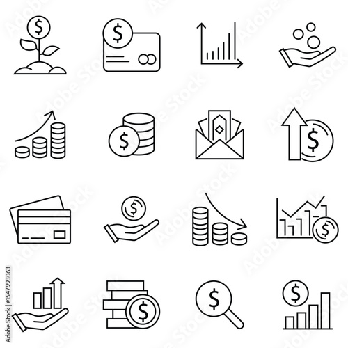 Money line icons set. Containing wallet, banking, ATM, savings, credit score, lender, installment, rate and more. Finance icon. Vector illustration.