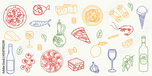 Hand drawn Italian food doodles. Pizza, pasta, cheese, wine, olives, olive oil, gelato, cannoli, tomato, shrimp, garlic, lemon, prosciutto. Traditional 
Italian cuisine vector set.
