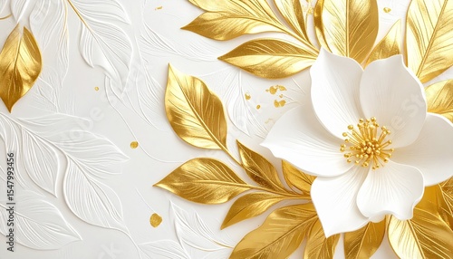 Luxurious Elegant Gold and White Embossed Floral Background, Perfect for Wedding Invitations, Premium Branding, and Sophisticated Designs Requiring a Touch of Class.
