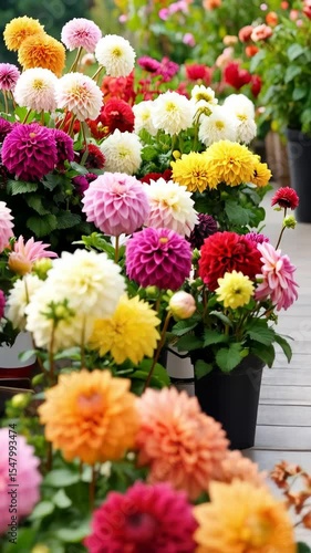 Wallpaper Mural Abundance of colorful dahlia flowers planted in black and white plastic pots, blooming with vibrant petals in a lush garden setting. Torontodigital.ca