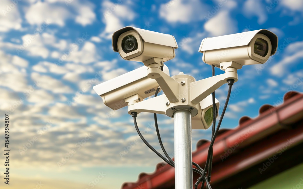 A security camera installation mounted on a tall white metal pole against a bright blue sky with scattered white cumulus clouds A security camera installation mounted on a tall white metal pole against a bright blue sky with scattered white cumulus clouds