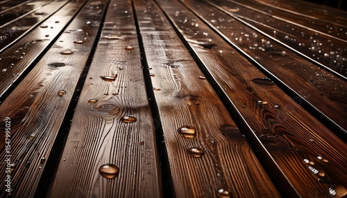 wet wood brown wooden planks glistening with scattered droplets