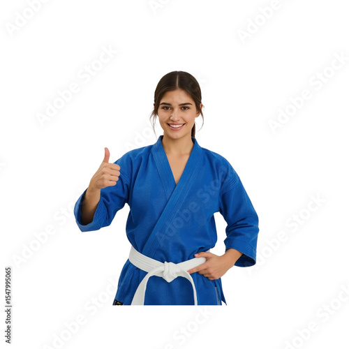 Confident Female Martial Artist Giving Thumbs Up in Blue Gi