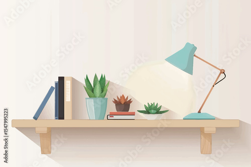 Wooden shelf with books and lamp on brick wall background.