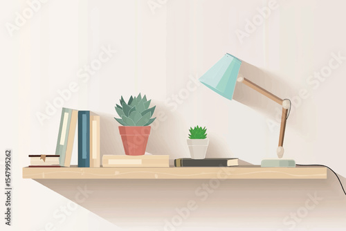 Wooden shelf with books and lamp on brick wall background.