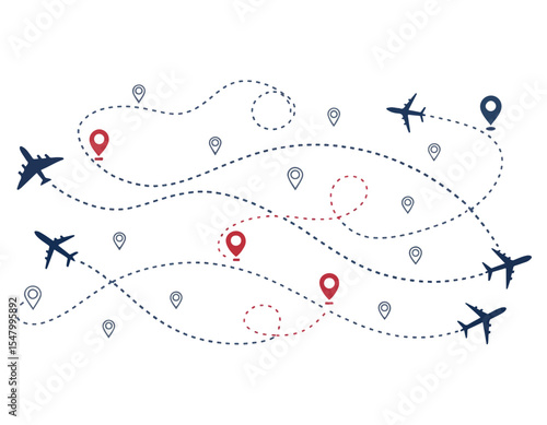Airplane dotted route line set.Path travel line shapes with start point and dash line trace for plan vector set flat style plane icon from start pin point to finish isolated on white background.Airpla