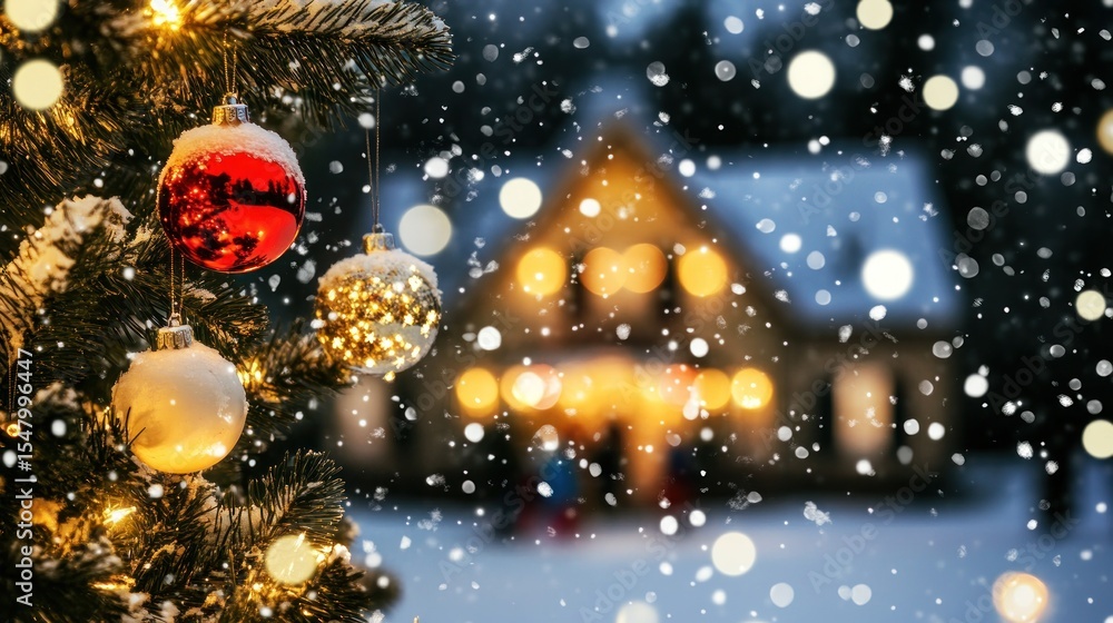 Christmas tree with ornaments, snowy village background Christmas tree with ornaments, snowy village background