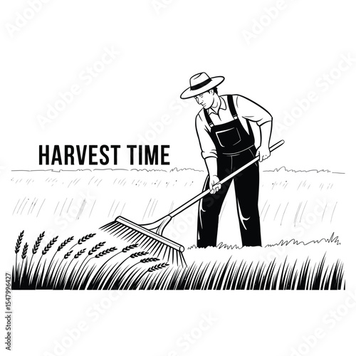 Farmer harvesting crop with a rake in black and white vector