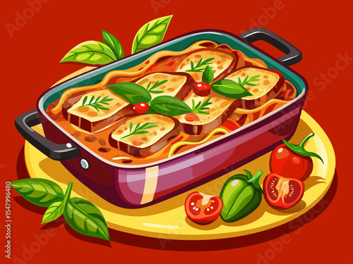 vector of Delicious baked eggplant parmesan in a red dish, especially for cooking on the table with a beautiful decoration.