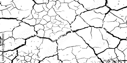 Generate an image depicting a stark, high-contrast texture of a cracked surface, emphasizing the intricate network of fissures. The cracks should be prominent and dark against a light.