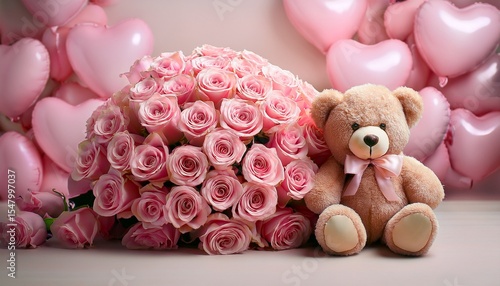 a large bouquet of pink roses with an adorable teddy bear sitting next to it