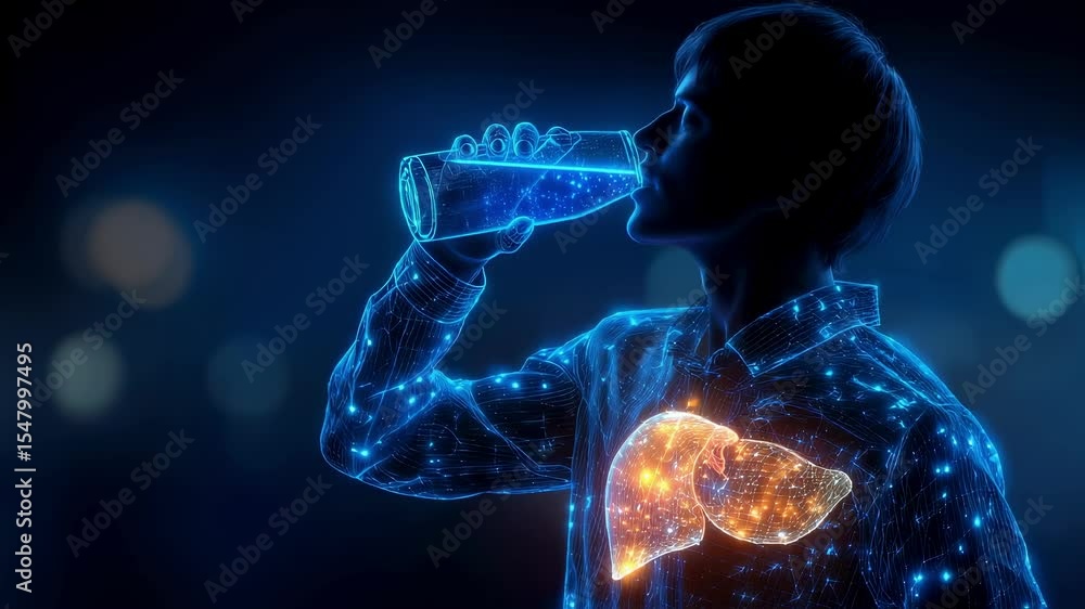 Medical visualization highlighting human liver's metabolic process while drinking water, glowing polygonal anatomy showcasing internal biological function through futuristic 3d render