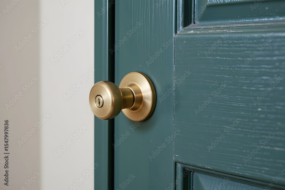 Obraz premium Golden Handle on Emerald Door: A close-up shot showcases the gleaming golden handle set against a richly textured, emerald green door, creating a study in contrast and form.