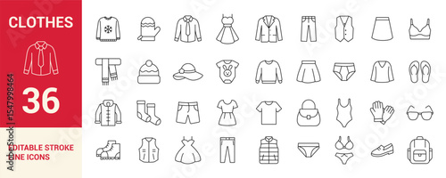 Clothing and Fashion Line Editable Icons Set.
Includes shirt, dress, pants, sweater, hat, shoes, socks, bag, gloves, and more. Vector illustration.