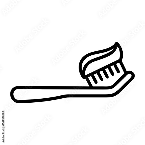 Linear vector icon of a toothbrush with soft bristles and a small curved line of toothpaste on top. 