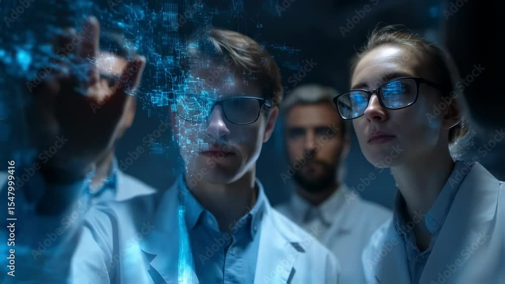 Team of research scientists wearing lab coats and smart glasses ...