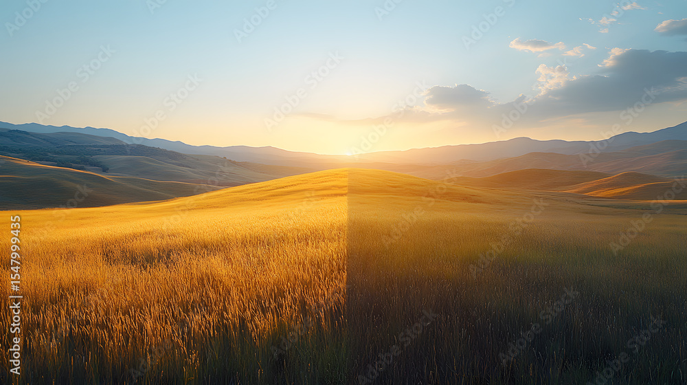 Fototapeta premium A serene landscape evokes feelings of hope and resilience, mirrored in the tranquil sky and golden field, a peaceful scene after war with rolling hills and warm sunset.
