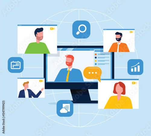 flat vector design business team working and meeting with video conference platforms. online meeting. technology remote working. People work from anywhere concept.
