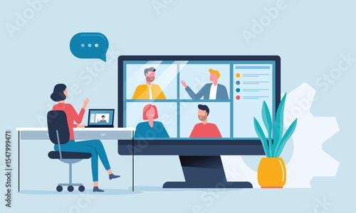 video conference and online meeting with technology remote working. People work from anywhere. business marketing team online working and planning. flat vector illustration design.  