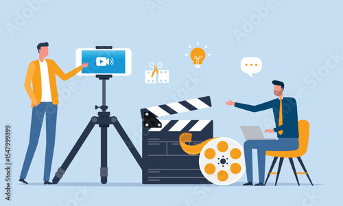 flat vector illustration design video maker team meeting for planning and working. video production process concept. 
