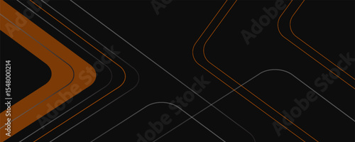 Black abstract wide horizontal banner with orange and gray lines, arrows and angles. Dark modern sporty bright futuristic abstract background. Wide vector illustration EPS10.