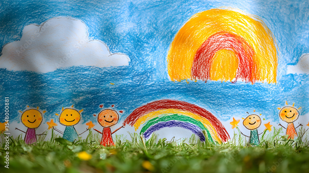Naklejka premium A vibrant child's drawing depicts a sunny landscape with a rainbow, cartoon figures, and yellow stars, evoking feelings of hope amidst war's shadow. A cheerful, innocent, and playful scene.