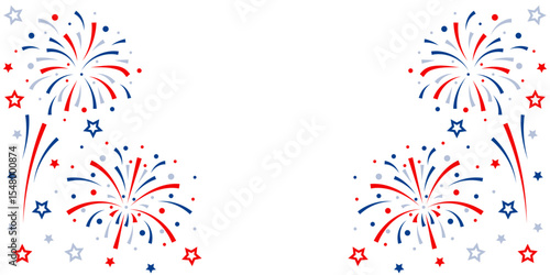 Firework vector icons set isolated on transparent background with copy space. Celebrate 4th of July banner. Red, blue, white usa flag color firework border, firecracker frame.