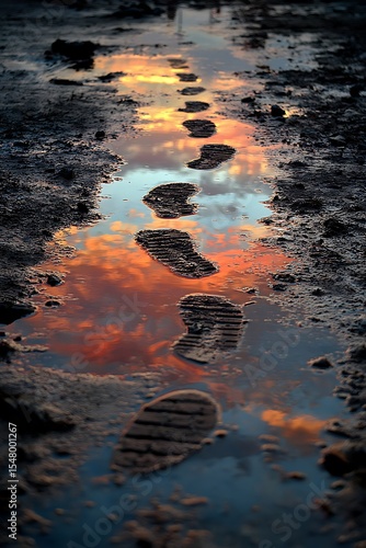 Footprints in a puddle reflecting a sunset sky.
