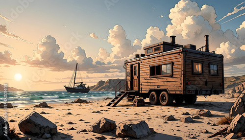 Wallpaper Mural A mobile home on the ocean shore. A cozy sunrise against the backdrop of turquoise waves and mountains. Torontodigital.ca