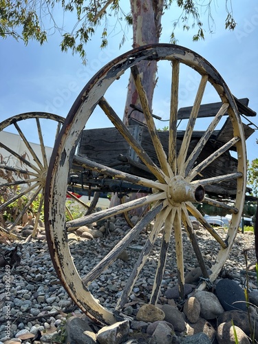 A charming rustic wagon, repurposed as a decorative roadside accent, adding a touch of vintage charm in San Marcos, California.