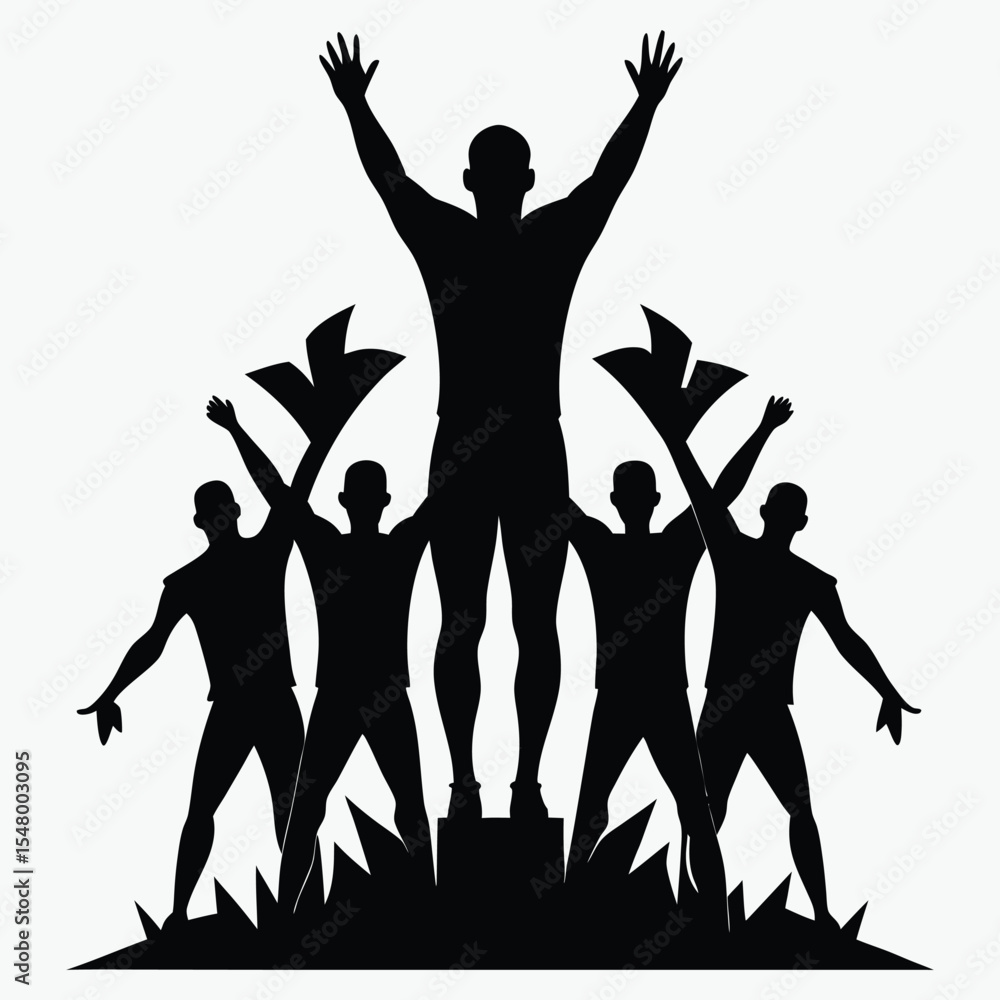 Fototapeta premium Black Silhouette Winner Celebrates Victory Surrounded by Cheerful Supporters on Podium Grass