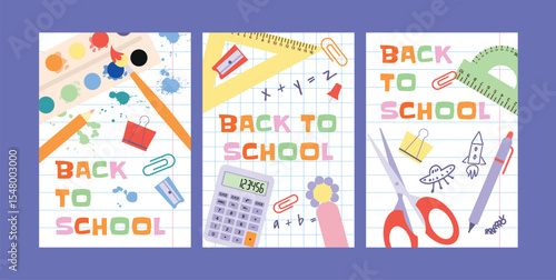Back to School Sale, Promotion, Poster and Flyer. Paint Palette, Calculator, Clips, Pencils, Pen, Scissors, Rulers, Paper Sheets with Drawings. School Supplies. Flat Vector Illustration