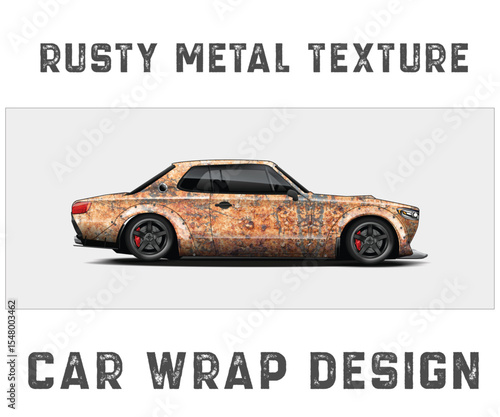 Rusty Metal Texture Car Wrap Design for a Classic Coupe