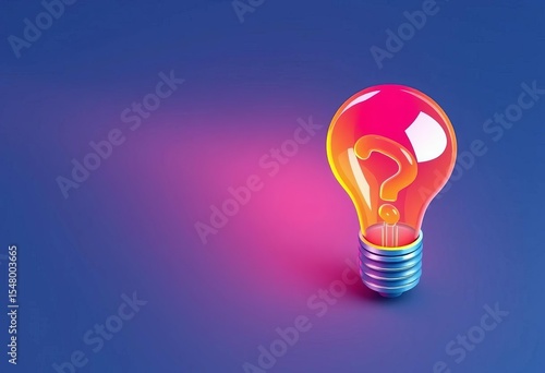 Isometric cartoon lightbulb with question mark, depicting a creative solution search, answer, discovery