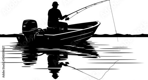 silhouette vector fisherman seated in a small motorboat, actively fishing with a rod