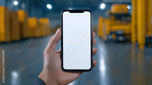 Hand Holding Smartphone with Blank Screen in Modern Warehouse Environment Surrounded by Industrial Equipment and Bright Lighting
